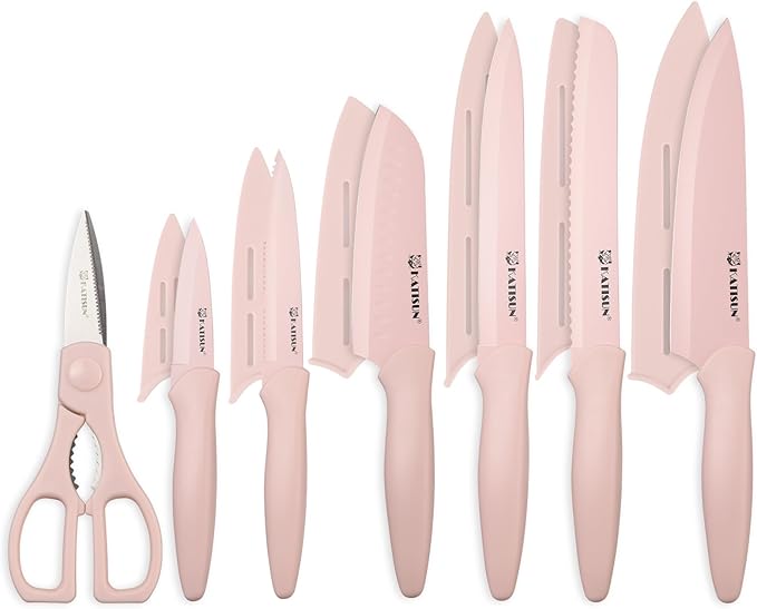 Kitchen Knife Set, 13 PCS Pink Non-Stick Knives with 6 Blade Guards | Stainless Steel Blades, Pink Nonstick Coating, Long-Lasting Sharpness, Rust-Resistant, Non-Slip, Dishwasher Safe