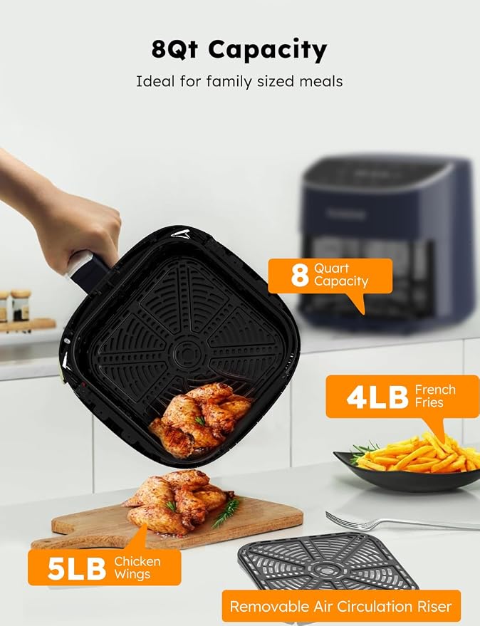 Nuwave Brio Plus 8 Qt Air Fryer, PFAS Free, New & Improved, 50-400°F in 5°F | Digital Touchscreen, Cool White Display, Ceramic Nonstick Coating, 5 Modes, 100 Presets/50 Memory, 700/1500/1800W, Deep Blue