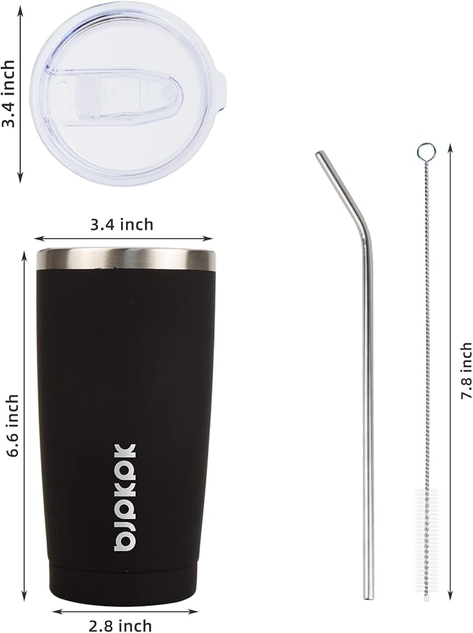 BJPKPK 20 oz Coffee Tumbler with Lid, Straw, Insulated Stainless Steel Mug | Double Wall Vacuum, Keeps Hot/Cold, BPA Free, Leak Proof, Iced Coffee Cup Fit Car Holder, Travel & Beach Ready, Black