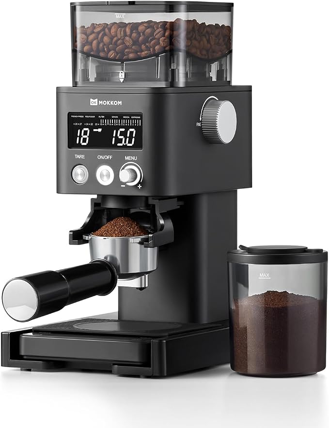 MOKKOM Coffee Grinder Electric with Scale, Conical Burr Coffee Grinder for Espresso, 31 Grind Settings, Anti-Static Coffee Bean Grinder, Grind by Weight for Espresso, Pour Over & French Press, Black