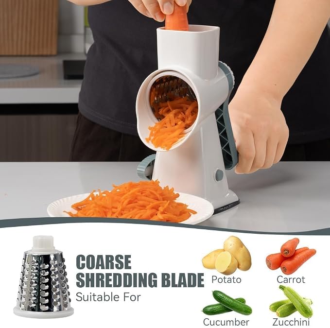 Rotary Cheese Grater Hand Crank White - Shredder Slicer Grinder 3 Stainless Steel Blades, Stable Suction, Labor-Saving Handle, Safe Kitchen Tool for Cheese, Vegetable, Nuts, Chocolate