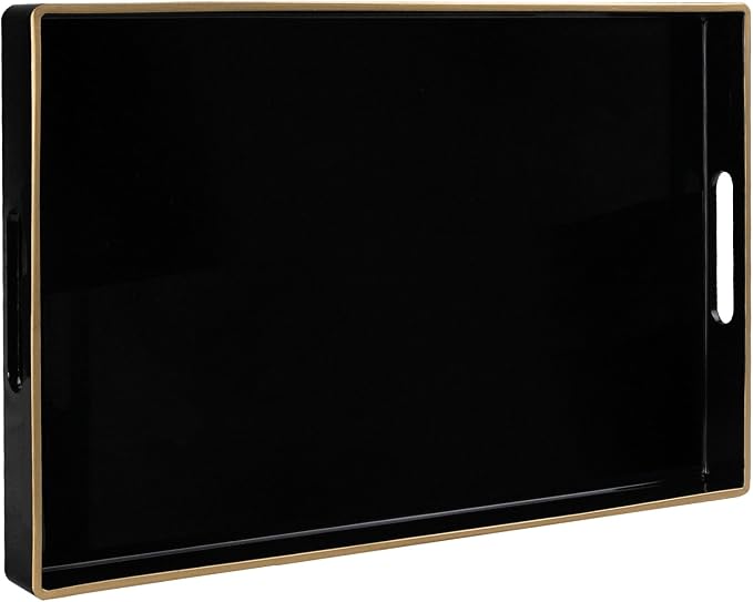 Black Decorative Tray for Coffee Table, Serving Tray with Handles | Plastic Melamine Tray, Modern Ottoman Tray, Rectangular Countertop Organizer Tray for Living Room, 15.8"L x 10.2"W x 1.4"H