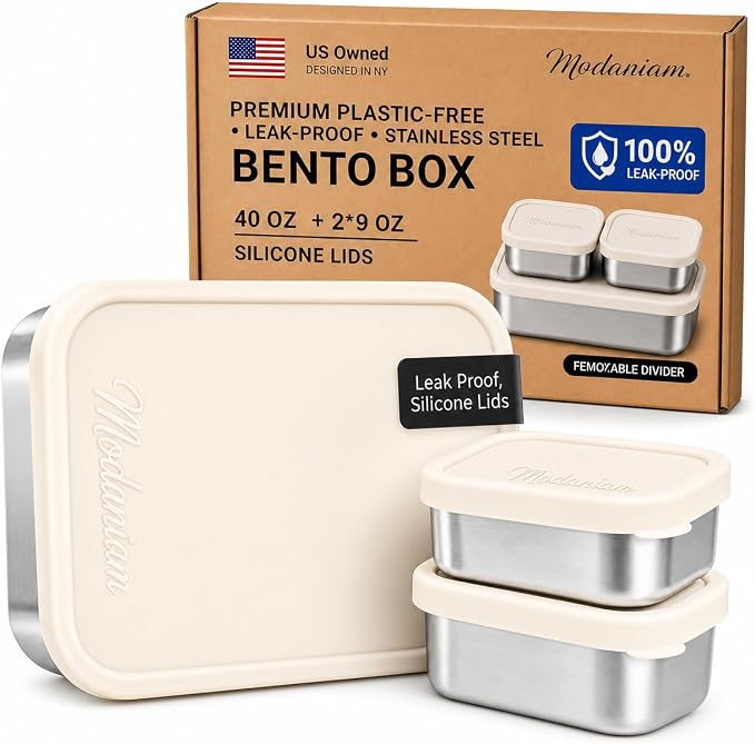 Flexibento - 40 OZ Set -Leak proof Stainless Steel Lunch Box Containers, Lunch Containers with Silicone Lids,Steel Bento Box,Metal lunch Box, Vanilla set of 3, 1 * 40OZ + 2 * 9 OZ