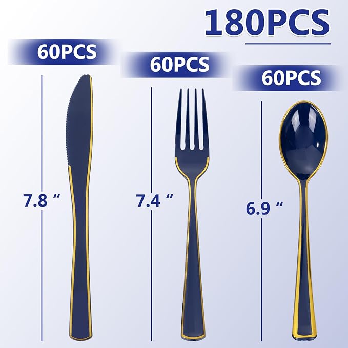 180PCS Blue Plastic Silverware -Blue and Gold Plastic Cutlery 60 Forks, 60 Knives, 60 Spoons - Heavy Duty Disposable Silverware for Party/Wedding/Birthday