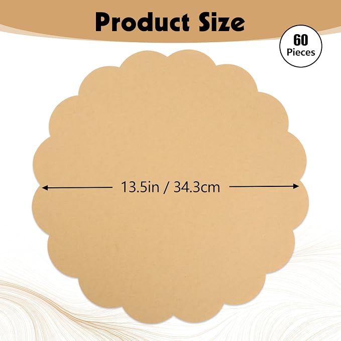 60 Pcs Kraft Paper Placemats, 13.5 Inch Scalloped Placemat Disposable Round Table Place Mats Decorative Paper for Dining Table Birthday Rustic Farmhouse Holiday Party (Pack of 2)