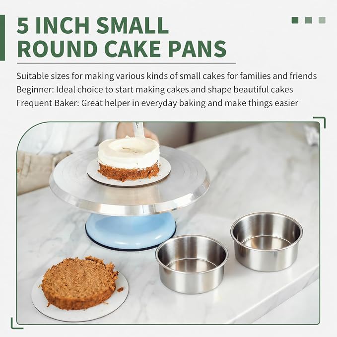 TeamFar 5 Inch Cake Pan Set of 2, Stainless Steel Layer Cake Baking Pan | Small Layer Cake Tins, Round Bakeware for Birthday Wedding Party, Non-Toxic & Healthy, Mirror Finish & Dishwasher Safe