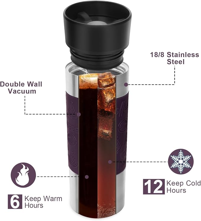 Travel Coffee Mug with 360°Lid, Travel Coffee Tumbler 16 oz Leak Proof, Stainless Steel Insulated Travel Mugs for Hot and Cold Spill Proof Leak Proof (Purple)