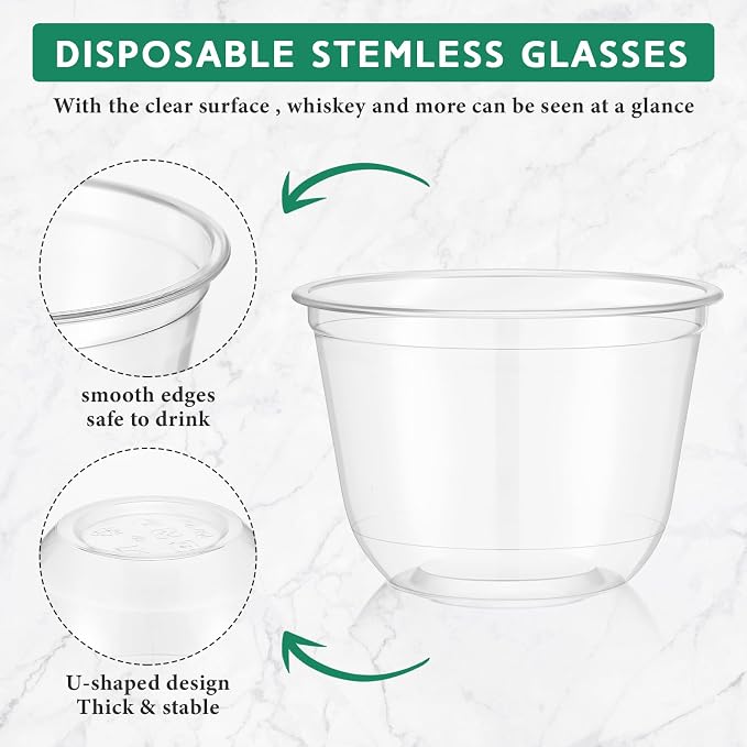 Ziliny 100 Pcs 9oz Plastic Stemless Wine Glasses Disposable, Clear | Plastic Wine Glasses for Parties Weddings Birthdays, Cocktail Drinking Cups, Round Bowl, Bulk Event Supplies