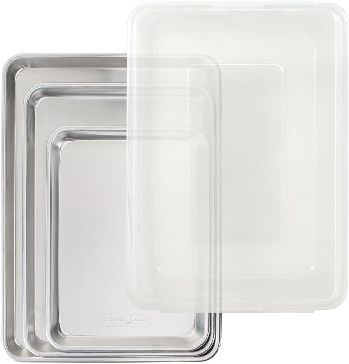 Nordic Ware Naturals 4 Piece Set - USA Made Aluminum Commercial Quality Pans for Baking or Roasting, Encapsulated Galvanized Steel Rim Prevents Warping; Quarter Sheet, Jelly Roll, Half Sheet with Lid