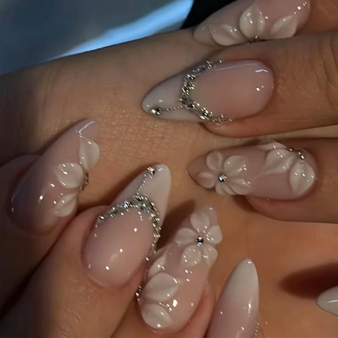 24Pcs Almond Press on Nails Medium French Tip Fake Nails with Silver Rhinestones & 3D Embossed White Flower Design Glossy Nude Pink Glue on Nails Full Cover Acrylic Nail Tips False Nails for Women