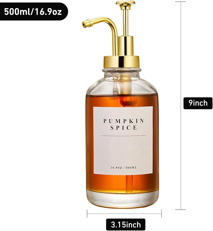 Coffee Syrup Dispenser for Coffee Bar with Gold Upgraded Pump, 2 Pack | 16.9 oz 500 ml Syrup Dispensers, Coffee Syrup Pump Dispenser, Glass Syrup Bottle 28 Labels and Bamboo Tray