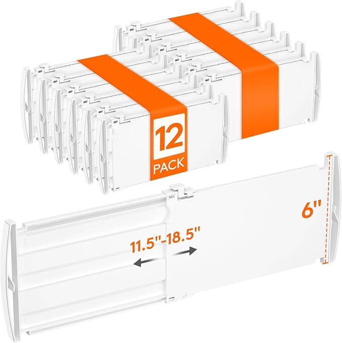 Lifewit 6" Tall Drawer Dividers, Adjustable Deep Drawer Organizer Clothes | 12 Pack 11.5"-18.5" Expandable White Plastic Separators for Dresser, Kitchen, Cabinet, Closet, Office Organization & Storage