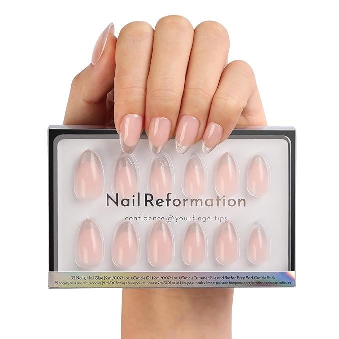 Nail Reformation Press On Nails, Sheer Nude Short Almond Fake Nails 32 Pcs | Silver Glitter French Tip with Glossy Finish, Reusable Stick On Nails in 16 Sizes False Nail Kit with Glue, Gifts for Women