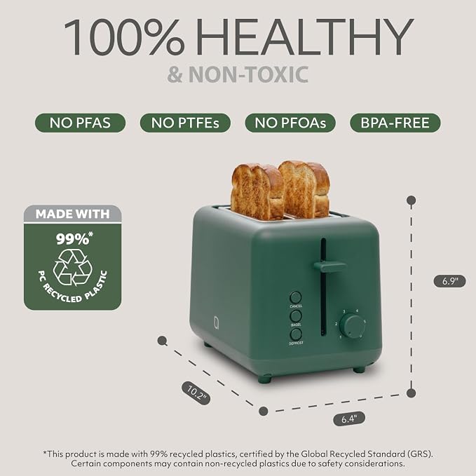 WILLOW Eco Series 2-Slice Toaster, Extra-Wide Slots for Bagels & Artisan Bread, 6 Shade Browning Settings, High-Lift Toast Boost, Removable Crumb Tray, Cancel/Defrost Buttons, Toaster 2 Slice