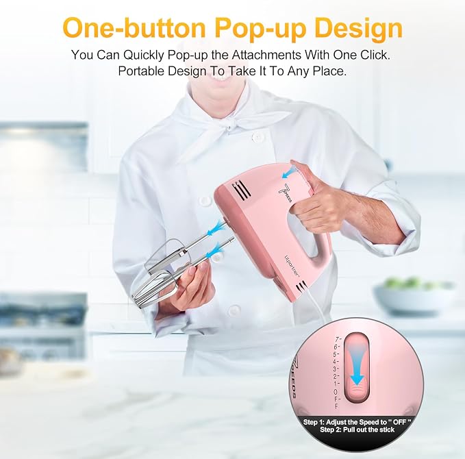 LILPARTNER Electric Hand Mixer with Storage Box, Ultra Power Kitchen Hand Mixer With 7-Speed & 5 Stainless Steel Accessories for Whipping Dough, Cream, Cake, Dishwasher Safe, PINK BOX