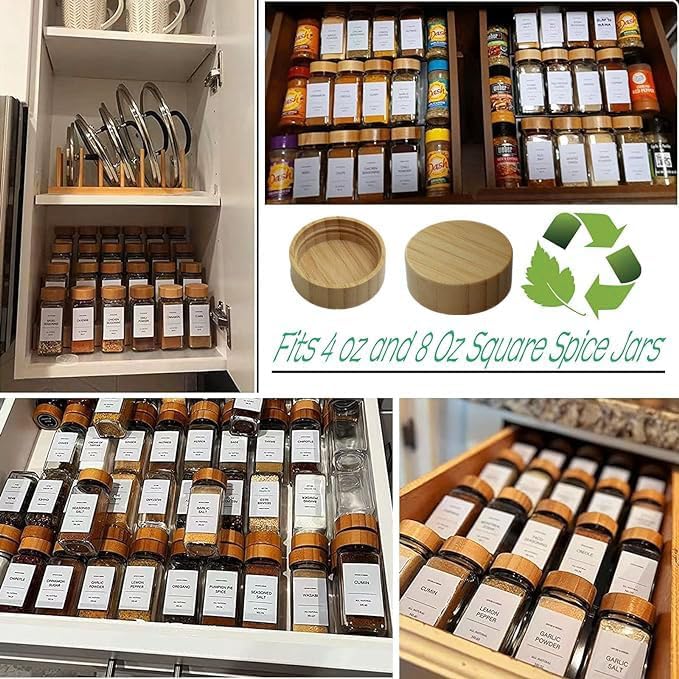 16 Pcs Bamboo Spice Jar Lids Fits Square Containers Seasoning Bottle Sealing Lids Fit Only 4 oz and 8 oz (Bamboo)