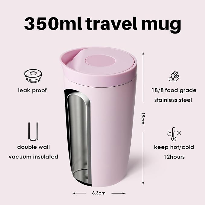 BOTTLE BOTTLE Insulated Coffee Tumbler with Push Button Lid 12oz(Pink) | Leakproof,Stainless Steel Travel Mug,Keeps Drinks Hot & Cold for 6 Hours,for Office & On the Go
