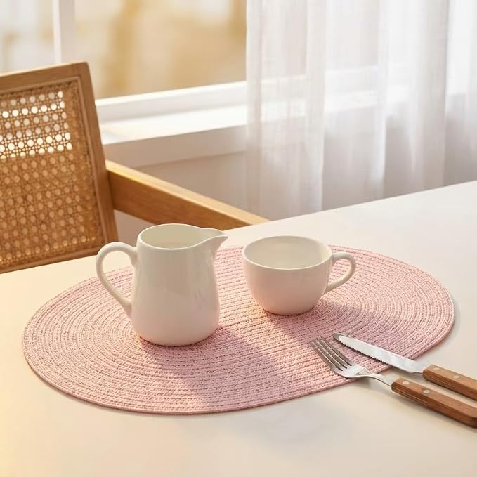 Placemats Set of 6, Woven Oval Braided Dining Table Mats(Blush Pink) | 12 x 17.5 Inch Size Fits Plates and Flatware; Hand Washable and Heat Resistant for Kitchen Use, with Farmhouse and Boho Style