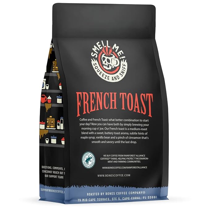 Bones Coffee Company French Toast, Sweet and Buttery Flavored Coffee, Medium Roast Low Acid Arabica Beans Compatible with Auto drip and French Press Coffee Maker, 12 Oz Ground