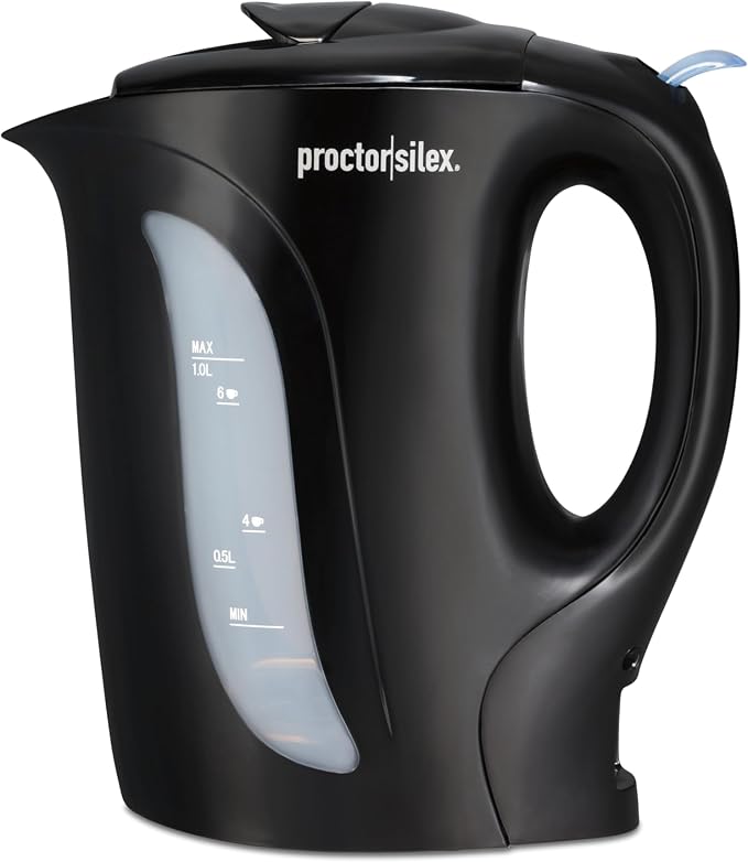 Proctor Silex 1 Liter Electric Tea Kettle, Water Boiler & Heater | Fast Boiling 1000 Watts | Cordless Serving | Auto-Shutoff & Boil-Dry Protection | Black | K2071PS
