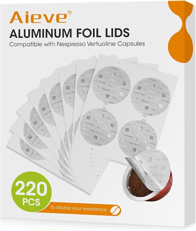 Aieve 220 Pcs Aluminum Foil Seal Lids for Reusable Nespresso Pods Vertuo Compatible with Nespresso Refillable Capsule