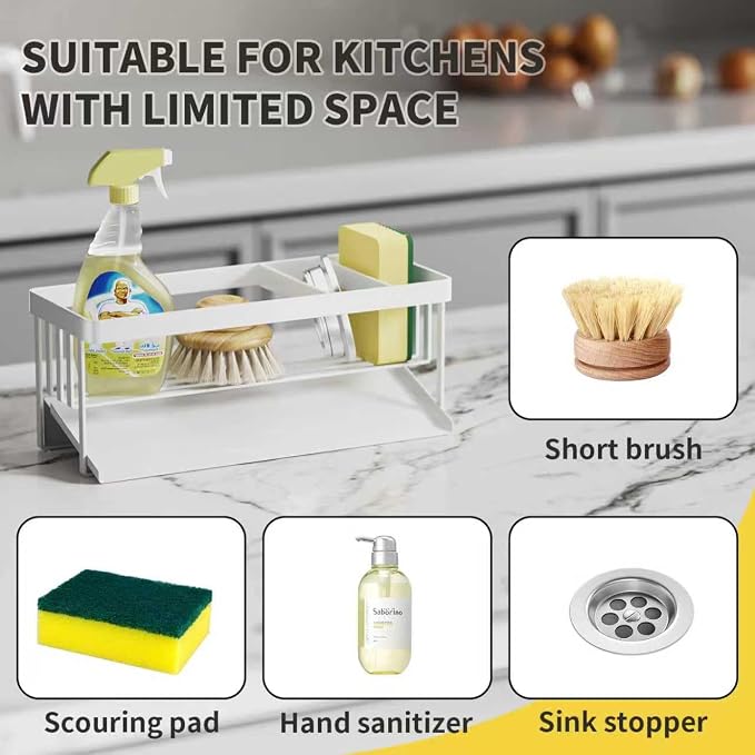 Kitchen Sink Caddy Organizer for Kitchen Countertop Organizers White | 304 Stainless Steel, Removable Drip Tray, Home Decor Accessories