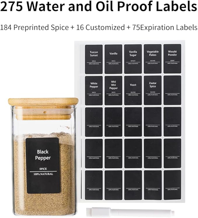 12Pcs 9oz Spice Jars Glass Container with 275 Labels, Airtight Seasoning Empty Organizer with Bamboo Lid Set for Food Storage, Salt, Sugar | Airtight Seasoning Empty Containers with Bamboo Lid Set for Pepper, Salt