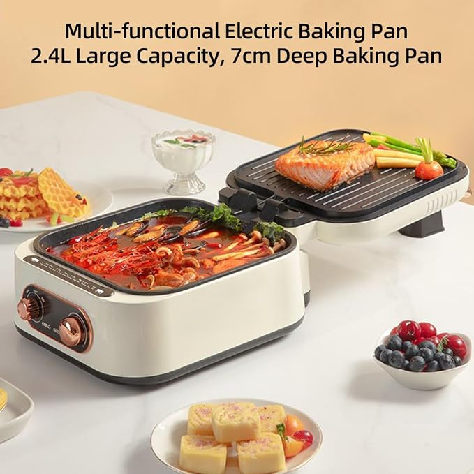 AORAN 7-in-1 Electric Griddle with Non-Stick Coating, Smokeless Grill for Frying, Baking, Boiling, Hot Pot, Steaming, Dual Zone Temperature Control, Foldable for Storage