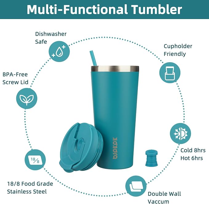 BJPKPK 22 oz Coffee Tumbler with Straw, Insulated Stainless Steel Cup | Double Wall Vacuum, Leak Proof Lid, Keeps Hot/Cold/Iced, BPA Free, Dishwasher Safe, Cupholder Friendly, Travel, Laguna
