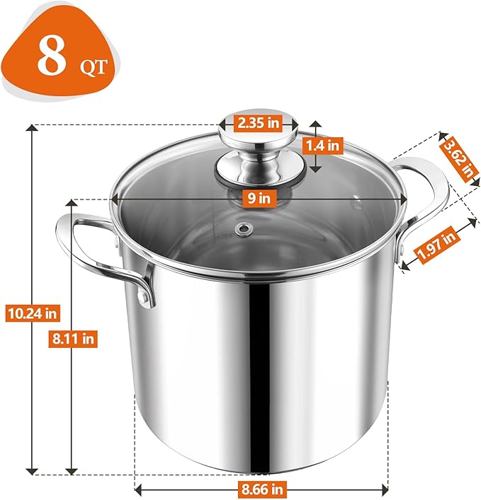 P&P CHEF 8 Quart Stock Pot with Lid, 8 Qt Large Stainless Steel Stockpot | Good for Cooking Pasta Soup, Cookware for Induction Gas Electric Stoves, Visible Lid & Measuring Markings, Dishwasher Safe