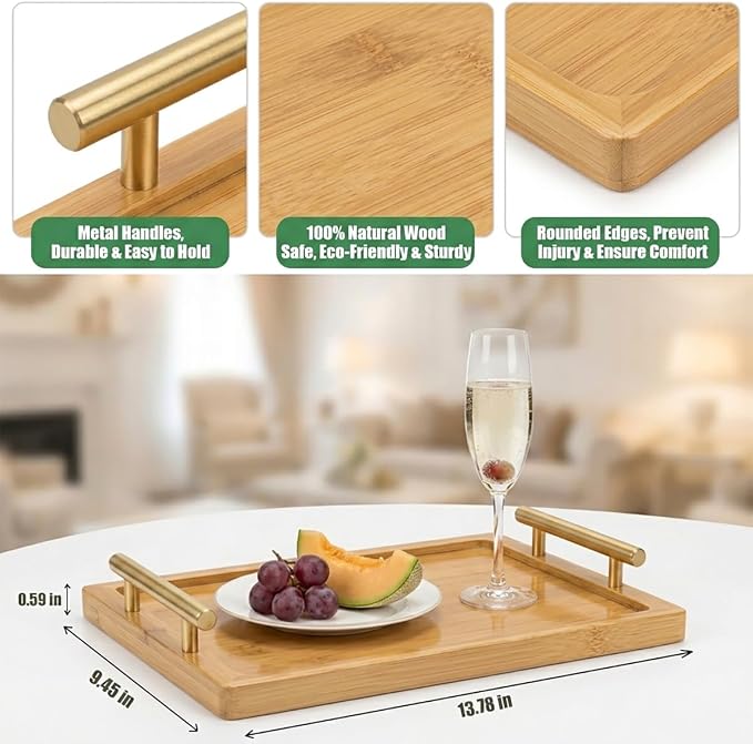 PEKER Wooden Serving Tray with Metal Handles, Black Decorative Coffee Table Tray for Breakfast in Bed, Ottoman & Home Décor, Wooden Food Tray for Kitchen