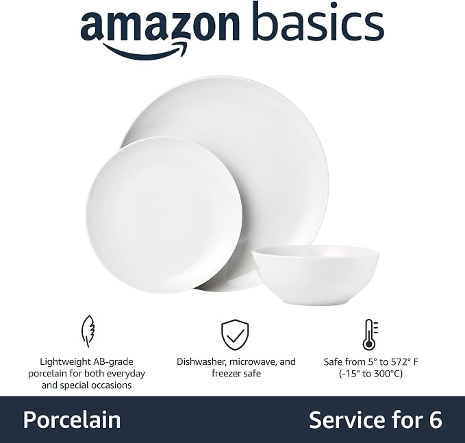 Amazon Basics 18-Piece Complete Kitchen Dinnerware Set, Microwave and Dishwasher Safe, Plates, Dishes, Bowls for Everyday Use, Service for 6, White Porcelain Coupe
