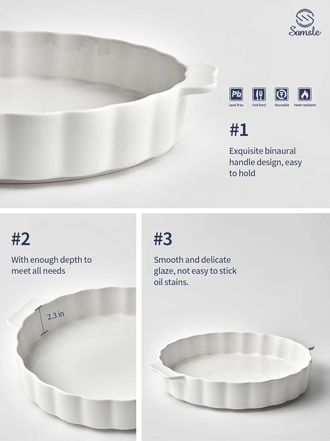 Samsle Ceramic Pie Pan For Baking,13Inch Round Baking Dish With Double Handle,Pie Plate With Ruffled Edge-Microwave, Dishwasher, and Oven Safe