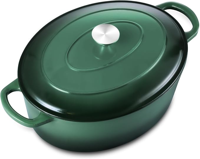 5QT Oval Dutch Oven Pot with Lid, Leonyo 5 Quart Enameled Oval Cast Iron Dutch Oven for Sourdough Bread Breaking, Heavy Duty Cookware for Braising, Stews, Roasting, Emerald