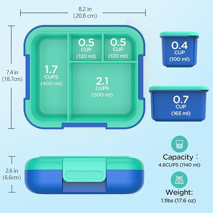 Caperci Bento Box for Kids Age 4-8 - 4.8 Cups Lunch Box with 2 Modular Containers - 4 Compartments Lunch Container, Leak-Proof, Portable Handle, Microwave/Dishwasher Safe (Jungle Green/Blue)