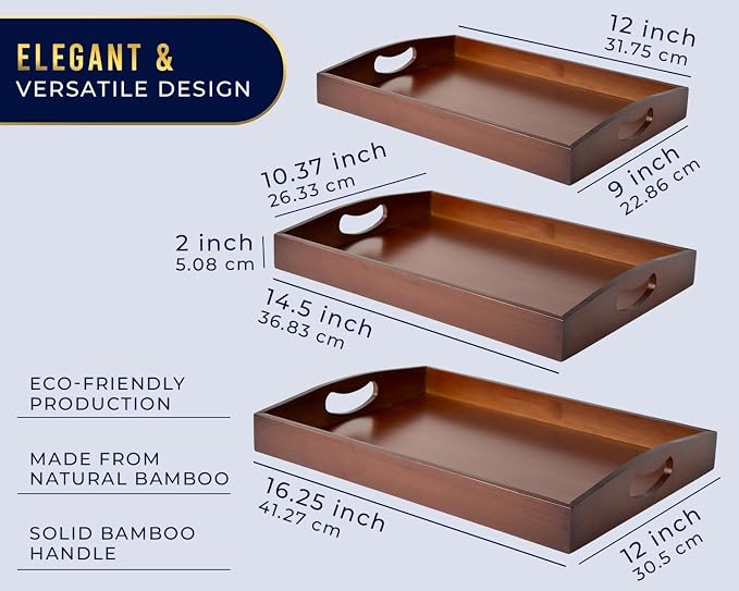 Comfify Dark Brown Bamboo Serving Trays Set of 3 – Nesting Ottoman Trays | Dark-stained bamboo with walnut tones; cutout handles; for coffee table, bar and bedroom dresser; S: 12", M: 14.5", L: 16.25"