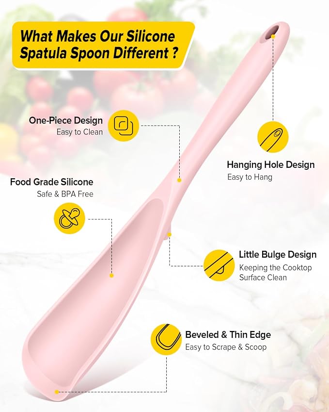 Pack of 2 Cooking Spoons for Non Stick Cookware, Multifunction Spatula Spoon BPA-Free, One-Piece Design, Suitable for Scooping, Scraping, Serving and Mixing (PINK-PURPLE)