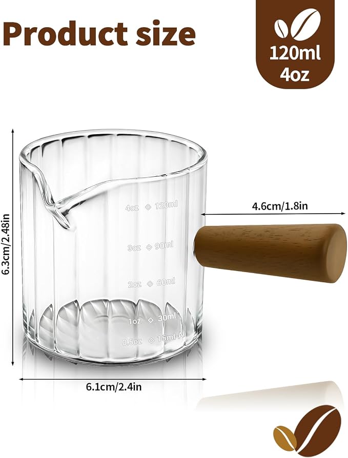 Espresso Measuring Cup 4 Oz, Espresso Glass Cups with Wood Handle, Milk Frothing Cup, Espresso Cup for Coffee, Milk, Tea or Maple Syrup Serving (Transparent, 4 oz)