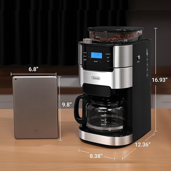 Gevi 10-Cup Grind-And-Brew Drip Coffee Maker with Built-In Burr Grinder | Programmable Timer, 1.5L Water Tank, 2-Hour Auto Keep-Warm, Durable Reusable Permanent Filter for Daily Coffee Brewing