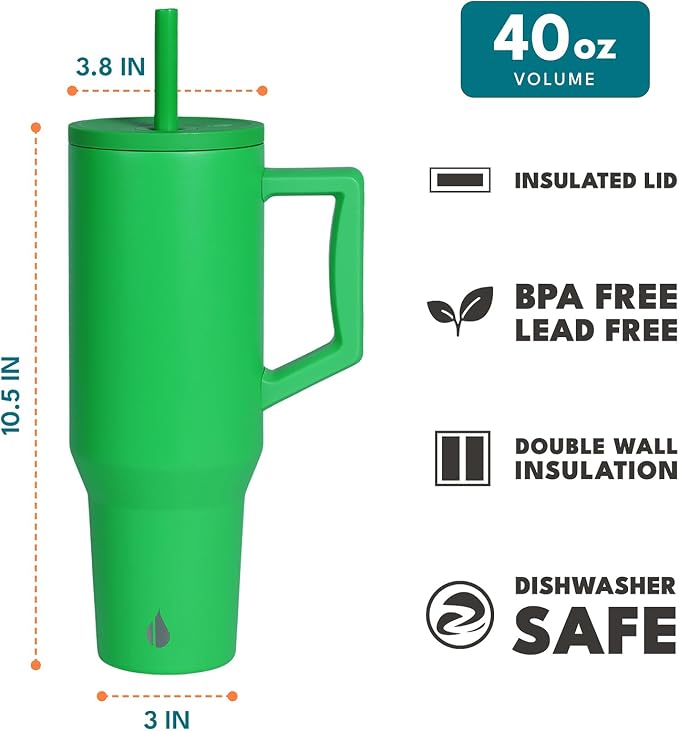 Elemental Spill Proof 40oz Insulated Tumbler with Handle & Straw Travel Mug | Stainless Steel Commuter Travel Coffee Mug for Cold Beverages, Includes 2 Straws & a Spill Proof Lid for Everyday Use