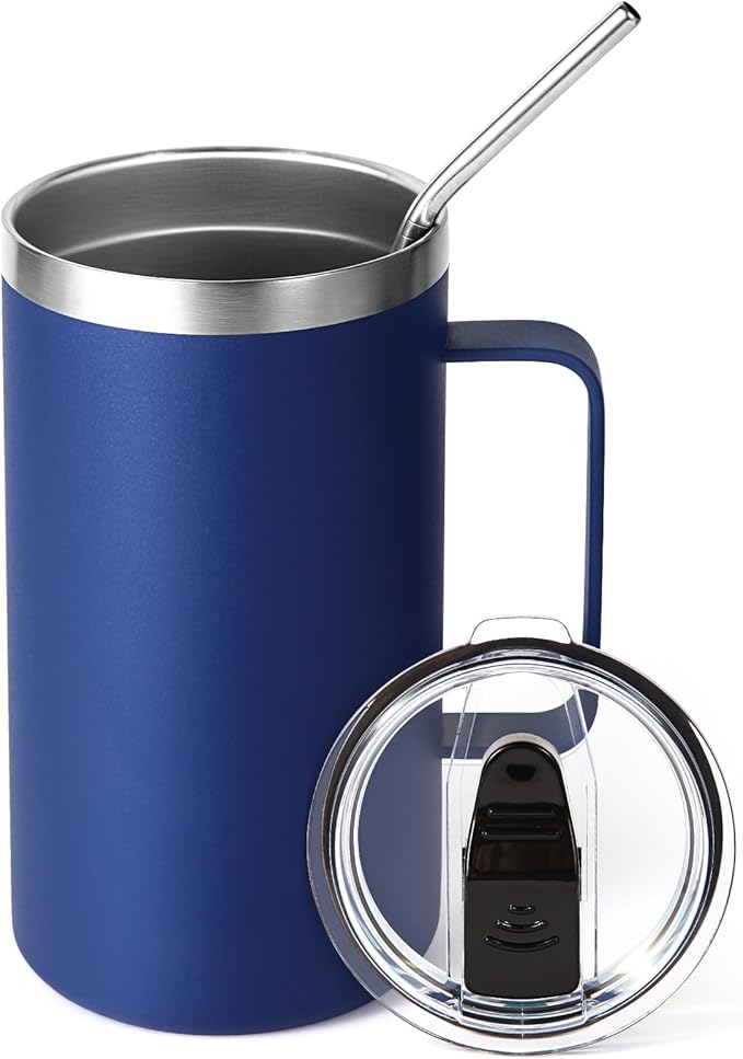 Volhoply 22oz Insulated Stainless Steel Coffee Mug with Leakproof Lid,Double Wall Vacuum Travel Coffee Cup with Handle,Reusable Metal Tumbler,Camping Mugs Keep Hot&Cold(Navy,1)