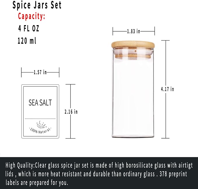 Churboro 30 Pack 4oz Glass Spice Jars with Bamboo Lids, 400 Labels | Empty Spice Bottles with Labels, Airtight Wood Lids, Funnel & Chalk Pen. Keep Seasoning Containers Neat and Organized