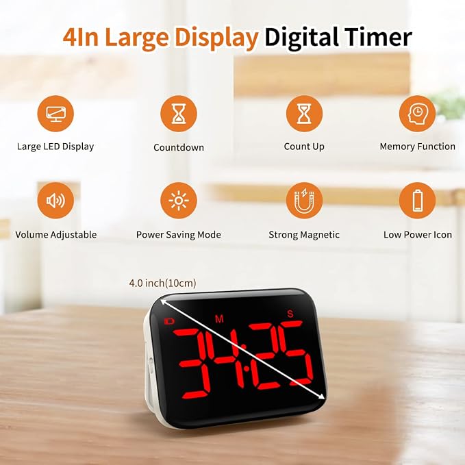 Magnetic Kitchen Timer for Cooking with Count Up Countdown, Digital Timer Battery Powered with Large Display, 2 Brightness and Volume Levels for Classroom, Teacher, Kids (Red)