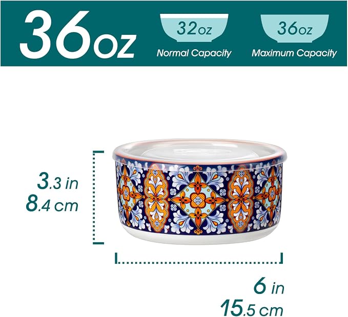 vancasso SIMI 36 oz Ceramic Bowls with Lids Set of 4,Bohemian Serving Bowl | 6 Inch Food Storage Containers Prep Bowls for Leftovers, Soup, Cereal, Meal Prep, Office Lunch, Microwave & Dishwasher Safe