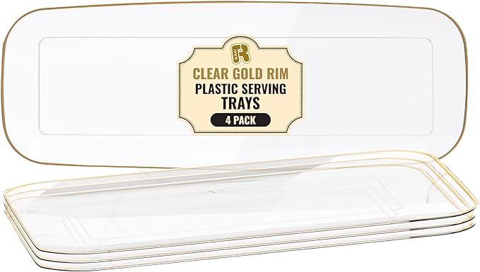 R-kay 4 Pack Plastic Serving Trays For Party - Gold Serving Tray 17 by 6.5 Inch - Heavy Duty Clear Trays For Food - Long Party Serving Trays For Entertaining - Clear Platters