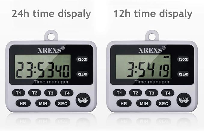 XREXS 4 Channel Digital Kitchen Timer Clock with Large LCD Display | 4 Groups Simultaneous Timing Countdown Up Pocket Timer, Magnetic Attachable (Battery Included)
