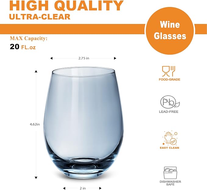 LUXU Wine Glasses Large Stemless Wine Glasses,20 oz,Set of 4 | Grey Juice Drinking Glasses,No Stem Glass Beverage Cups,All-Purpose Water Glasses for Ice Coffee,Tea,Red or White Wine