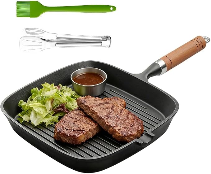 Cast Iron Grill Pan 9 Inch Griddle Pan Skillet with Kitchen Tong & Brush for Steak Searing
