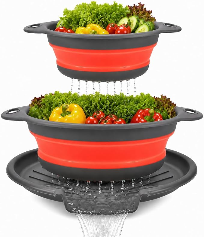 2 Collapsible Colanders with Self-Draining Tray (Red) | 11.6 & 13.4 in baskets; 12.8 in grooved tray; folds to 2.1 in; for pasta, rice, fruit and vegetables
