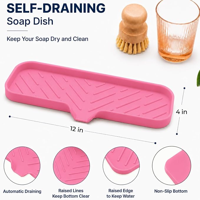MicoYang Silicone Soap Dish with Drain Spout — Self-Draining Double Sink Organizer Tray for Kitchen & Bathroom, Dispensers, Sponges & Soap Holder, Non-Slip & Dishwasher Safe, Rose (Large, 12"×4")